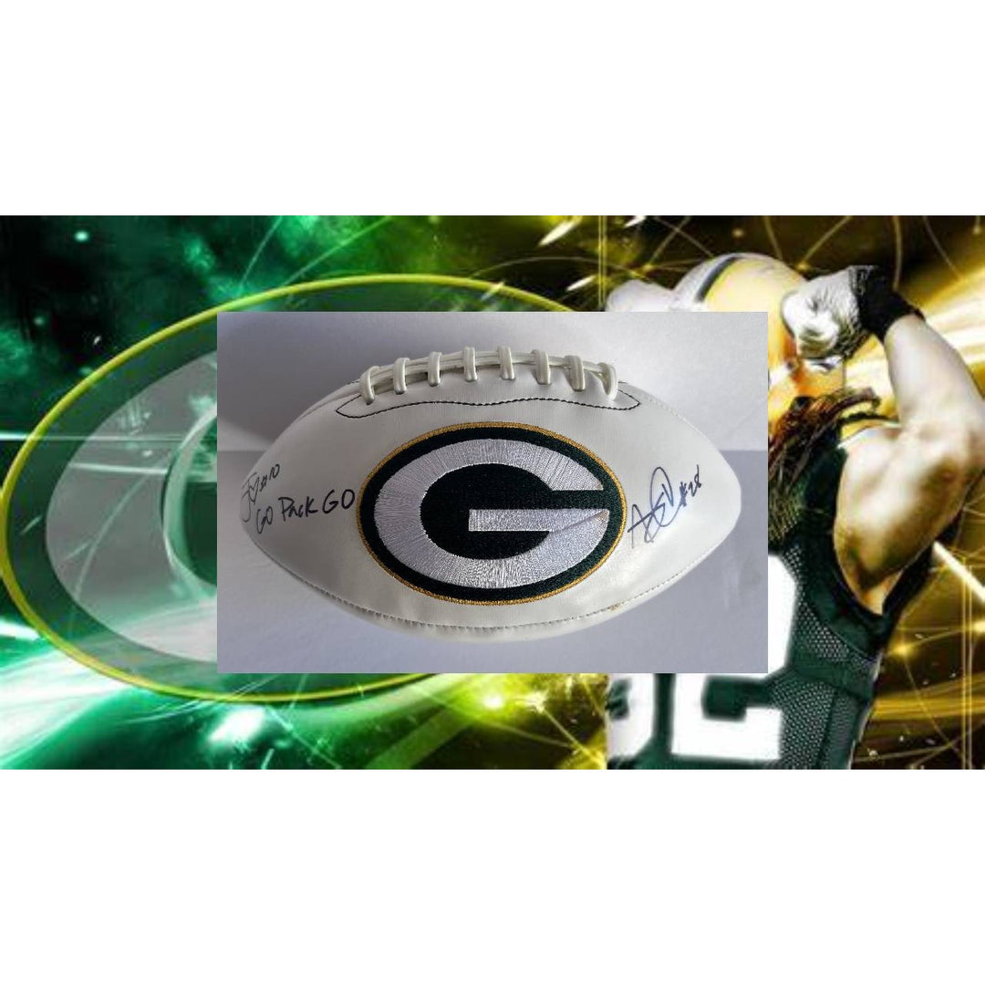 Green Bay Packers Jordan Love and Aaron Jones logo full size football signed with proof