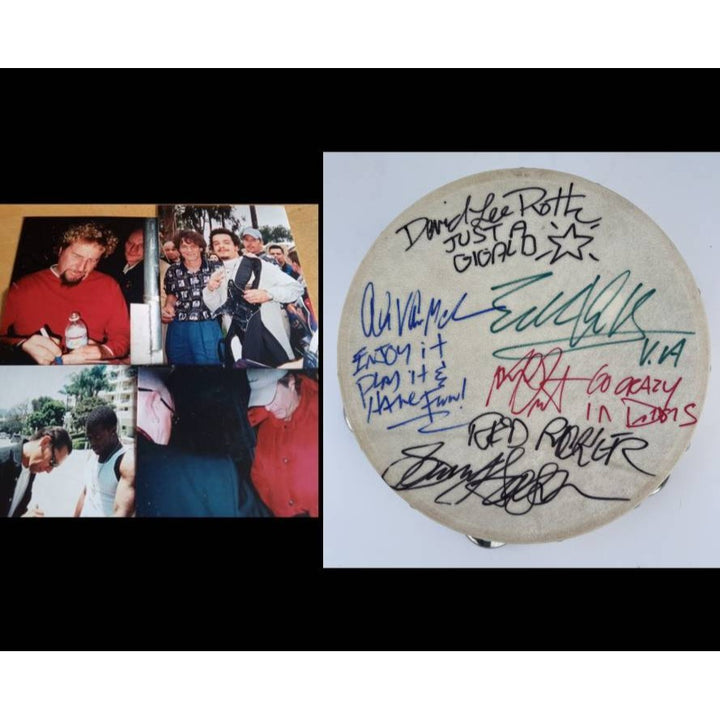 Van Halen signed and and inscribed Eddie Van Halen David Lee Roth Sammy Hagar Michael Anthony Alex Van Halen 10 inch tambourine signed