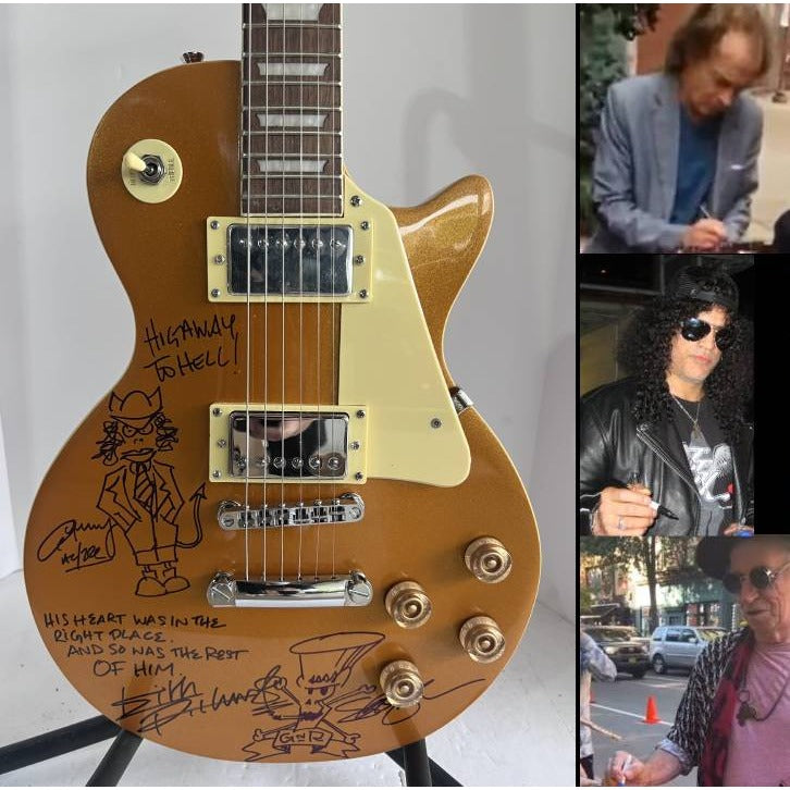 Saul Hudson Slash GNR Angus Young ACDC Keith Richards Rolling Stones signed with Sketch Les Paul electric guitar with proof signed