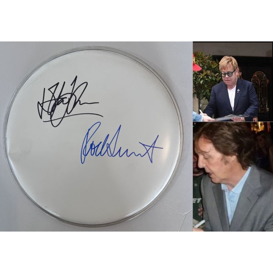 Paul McCartney and Elton John drumhead signed with proof