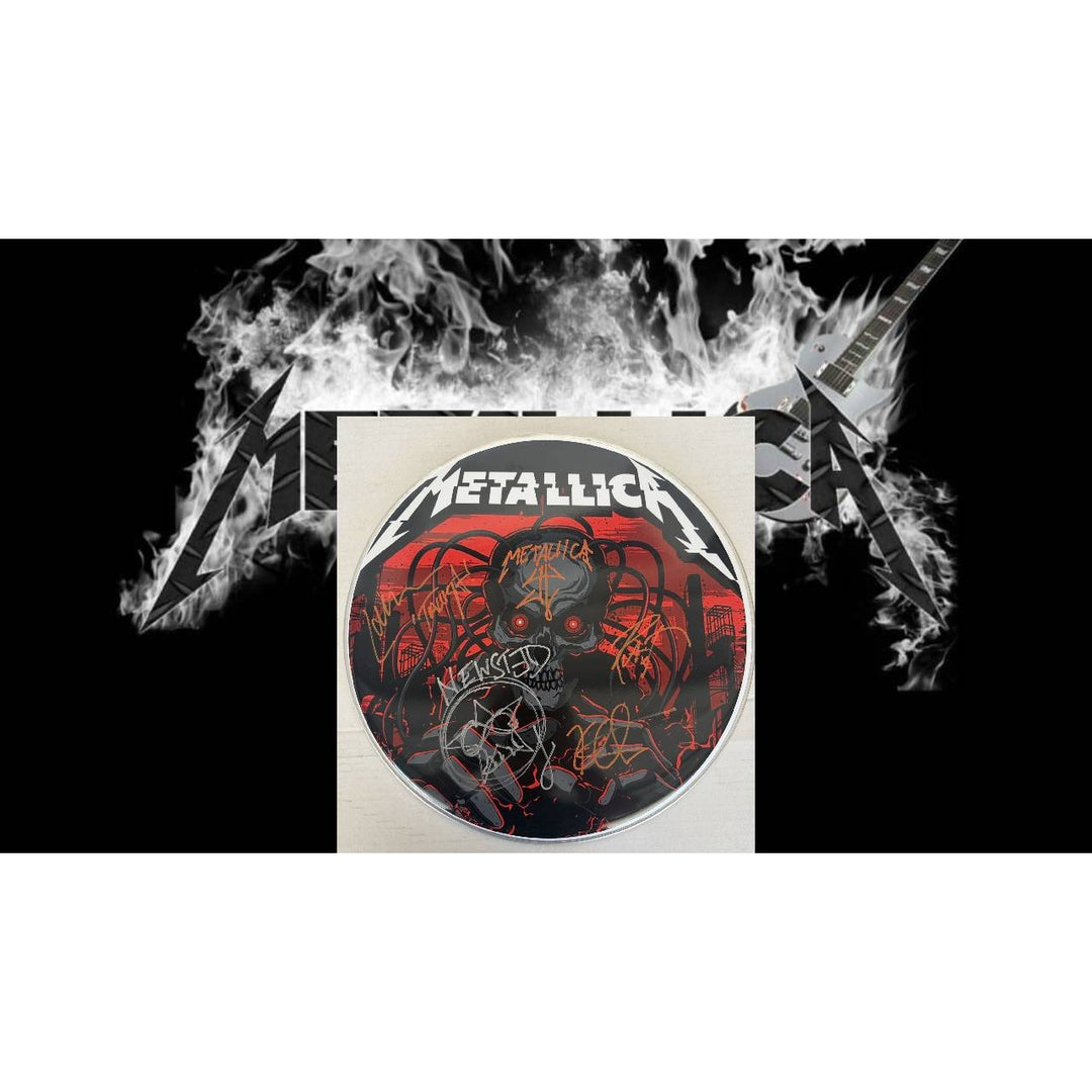 Metallica James Hetfield Lars Ulrich Robert Trujillo Jason Newsted  drumhead signed with proof.