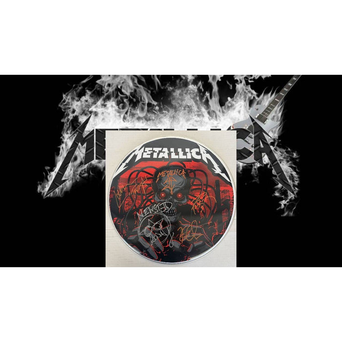 Metallica James Hetfield Kirk Hammett Lars Ulrich Robert Trujillo Jason Newsted  drumhead signed with proof