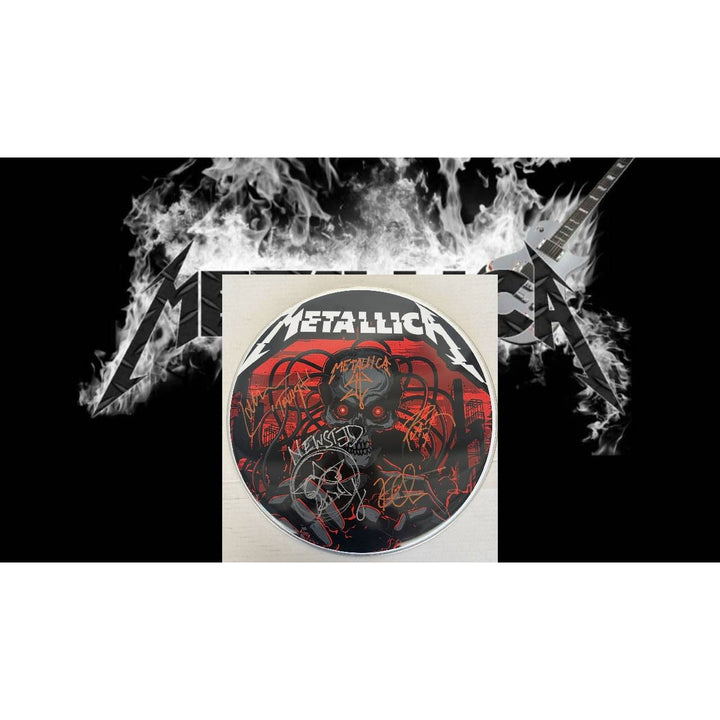 Metallica James Hetfield Lars Ulrich Robert Trujillo Jason Newsted  drumhead signed with proof.