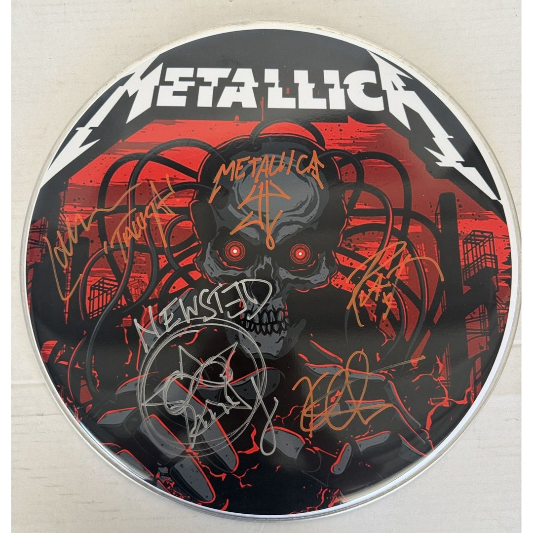 Metallica James Hetfield Lars Ulrich Robert Trujillo Jason Newsted  drumhead signed with proof.