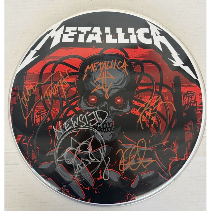 Metallica James Hetfield Lars Ulrich Robert Trujillo Jason Newsted  drumhead signed with proof.