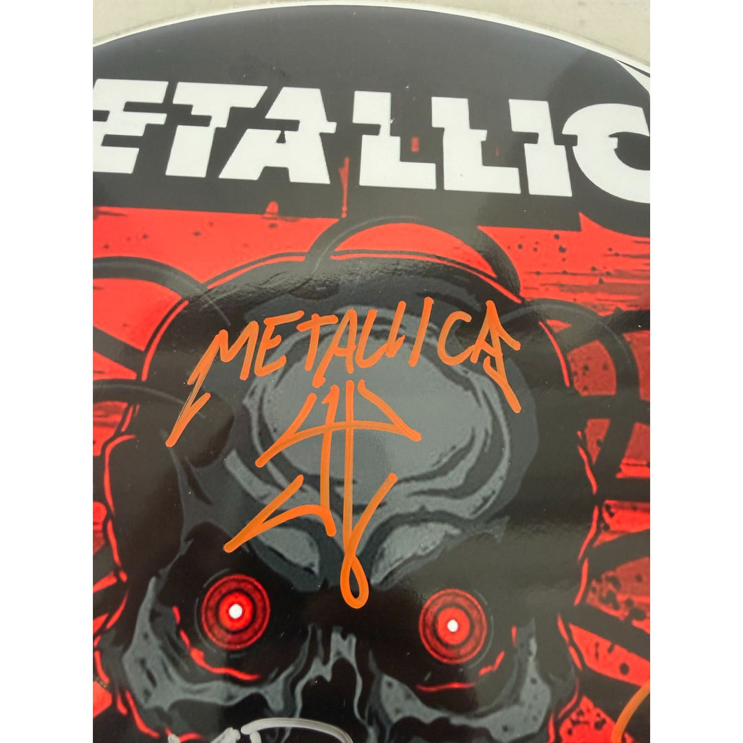 Metallica James Hetfield Lars Ulrich Robert Trujillo Jason Newsted  drumhead signed with proof.