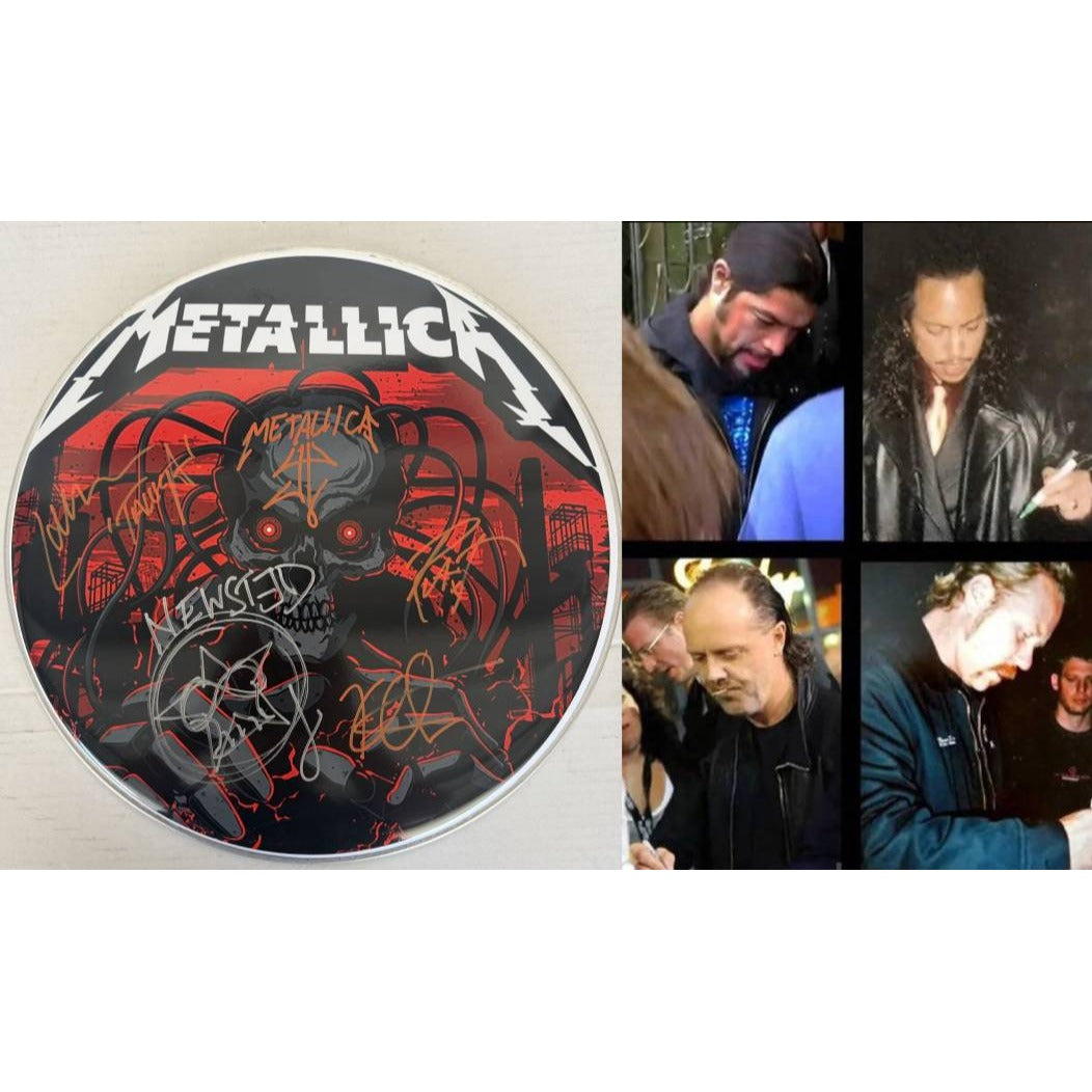 Metallica James Hetfield Lars Ulrich Robert Trujillo Jason Newsted  drumhead signed with proof.
