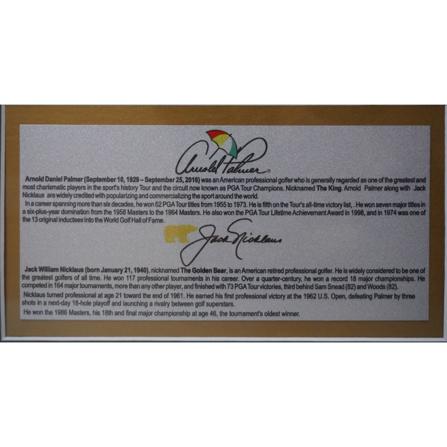 Jack Nicklaus and Arnold Palmer Masters golf balls framed 21x14 and signed with proof