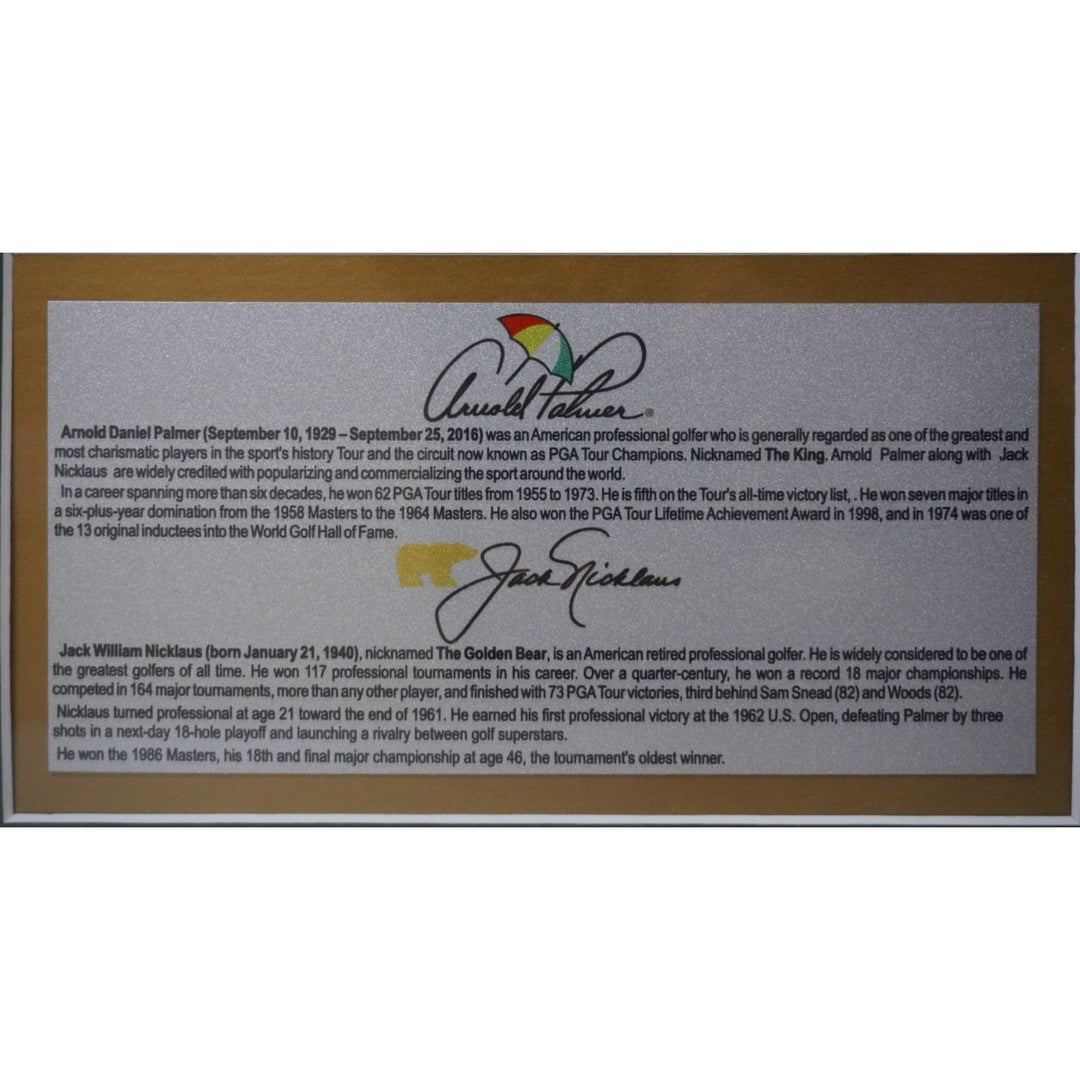 Jack Nicklaus and Arnold Palmer Masters golf balls framed 21x14 and signed with proof