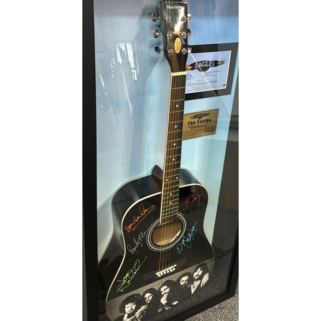 The Eagles Bernie Laden Joe Walsh Don Henley Glenn Frey Randy Meisner signed and framed full size acoustic guitar with proof