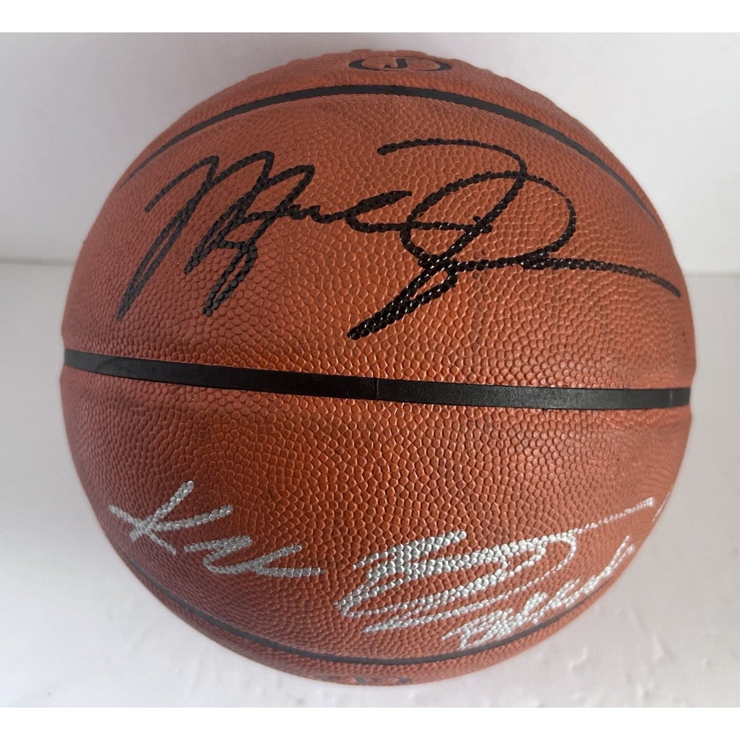 Kobe Bryant inscribed black mamba with Michael Jordan Spalding Adam Silver NBA full size basketball signed with proof