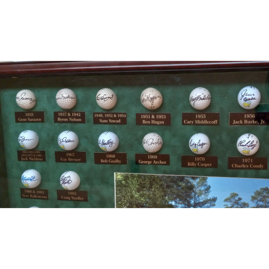 Masters Champions golf balls 44 in all Tiger Woods, Jack Nicklaus, Ben Hogan, Arnold Palmer framed and signed