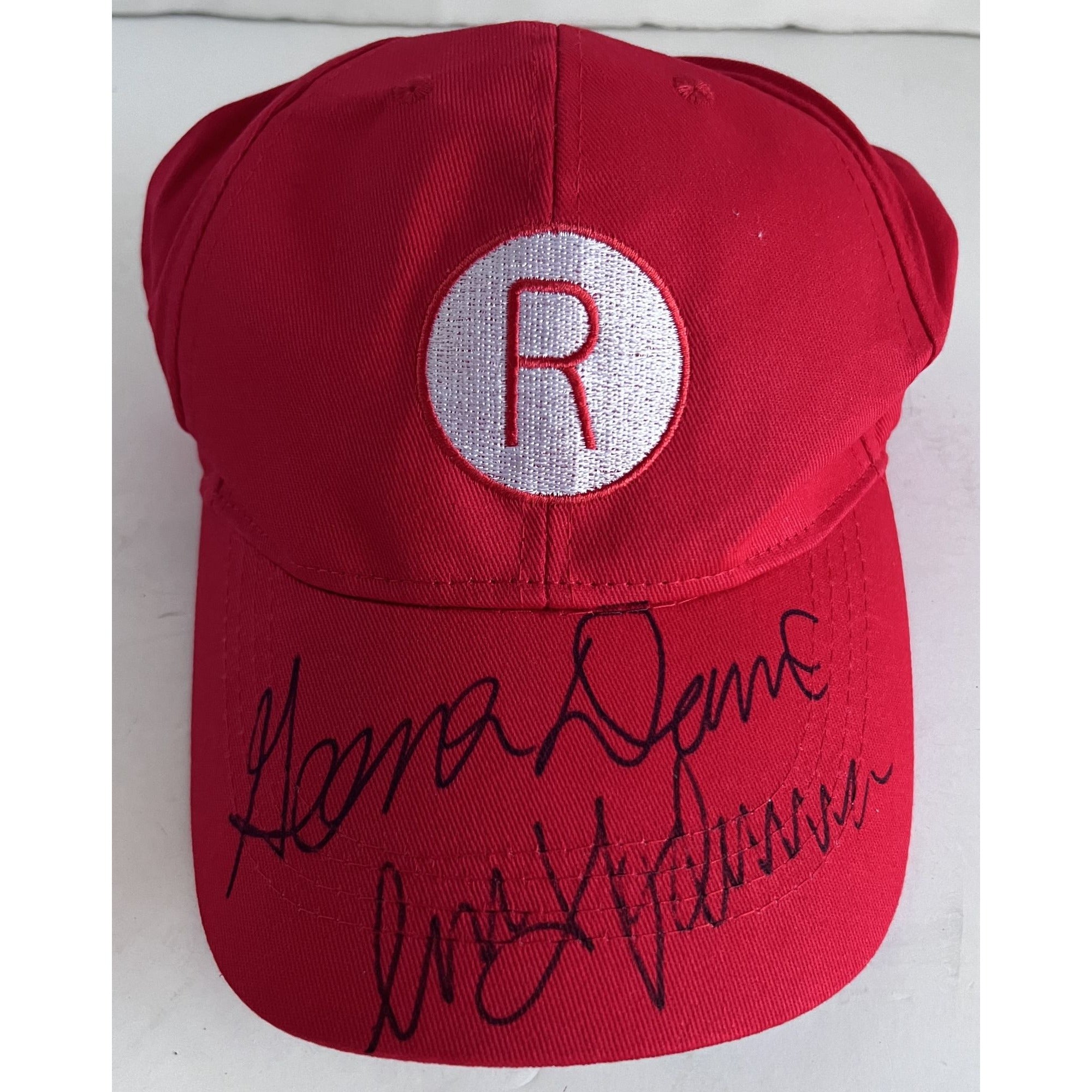 "A League of Their Own "  Rockford Peaches, authentic baseball cap signed with proof Gena Davis and Madonna Ciccone