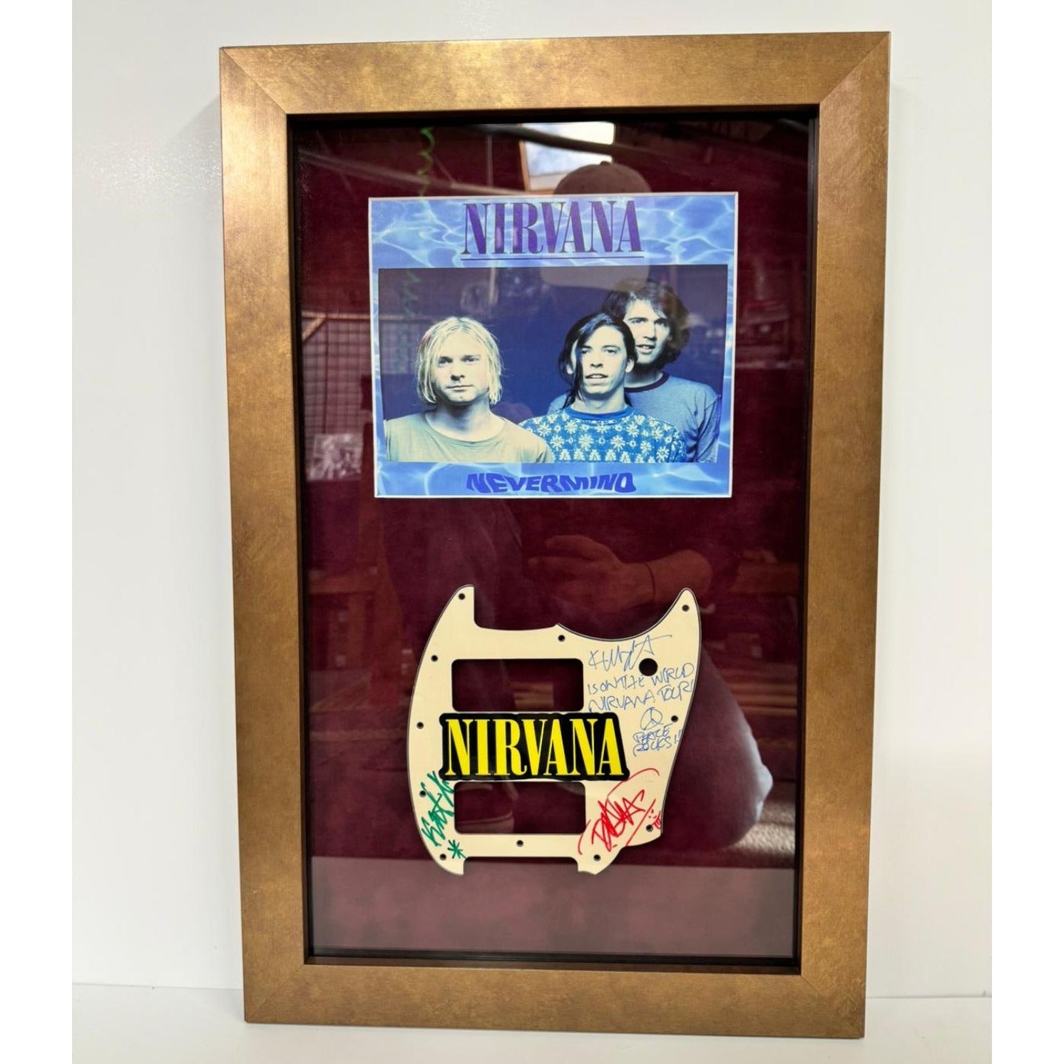 Nirvana Kurt Cobain Krist Novoselic David Grohl vintage pickguard signed with proof & museum quality frame