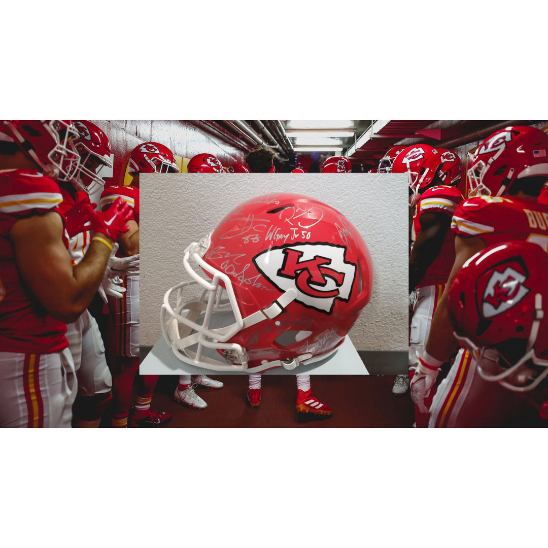 Kansas City Chiefs 2023 Super Bowl champions Riddell Speed authentic game model helmet 40 + sigs Patrick Mahomes Travis Kelce Andy Reid s