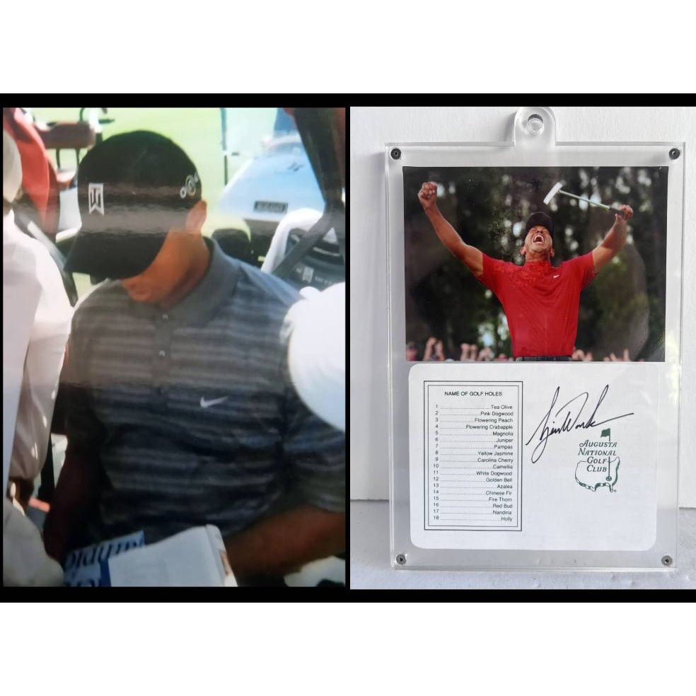 Tiger Woods Masters scorecard signed with proof and 11x7 acrylic display case