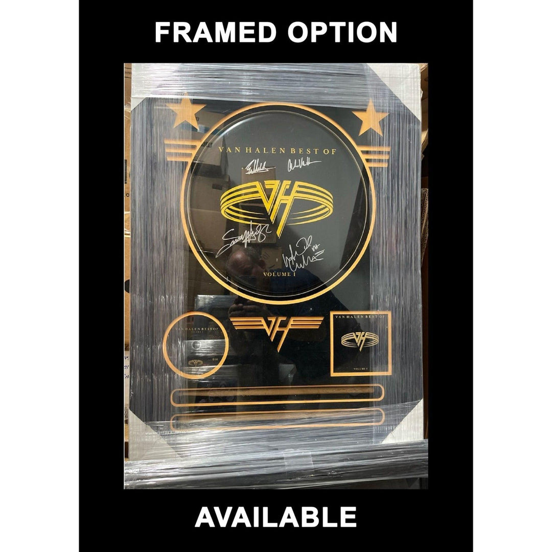 Van Halen David Lee Roth , Sammy Hagar, Eddie & Alex Van Halen MIchael Anthony one-of-a-kind drumhead signed with proof.
