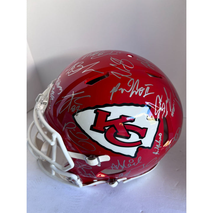 Patrick Mahomes Andy Reid Travis Kelce 2022- 23 Super Bowl champion Kansas City Chiefs Riddell Speed Authentic team signed helmet signed