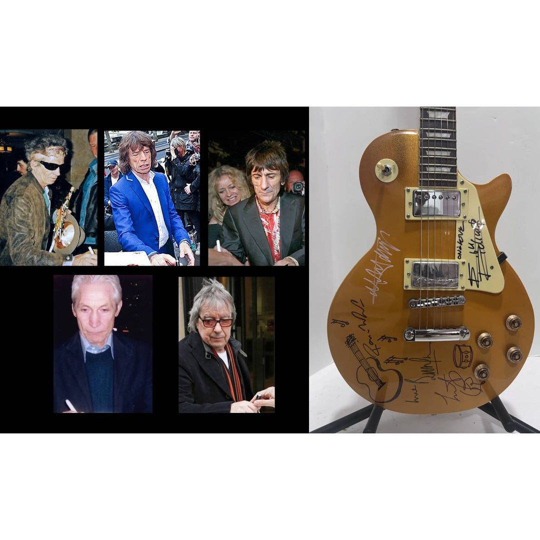 Rolling Stones Mick Jagger Ronnie Woods Charlie Watts Keith Richards Gold Les Paul  Electric full size quitar signed whit proff