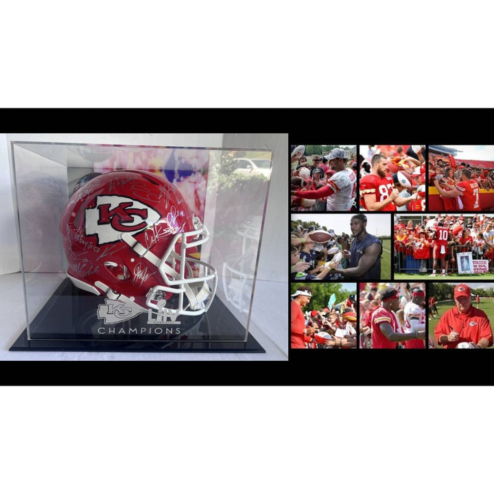 Kansas City Super Bowl champions Patrick Mahomes Andy Reid Travis Kelce 2022 23 team signed helmet with proofand 15x13 acrylic display case