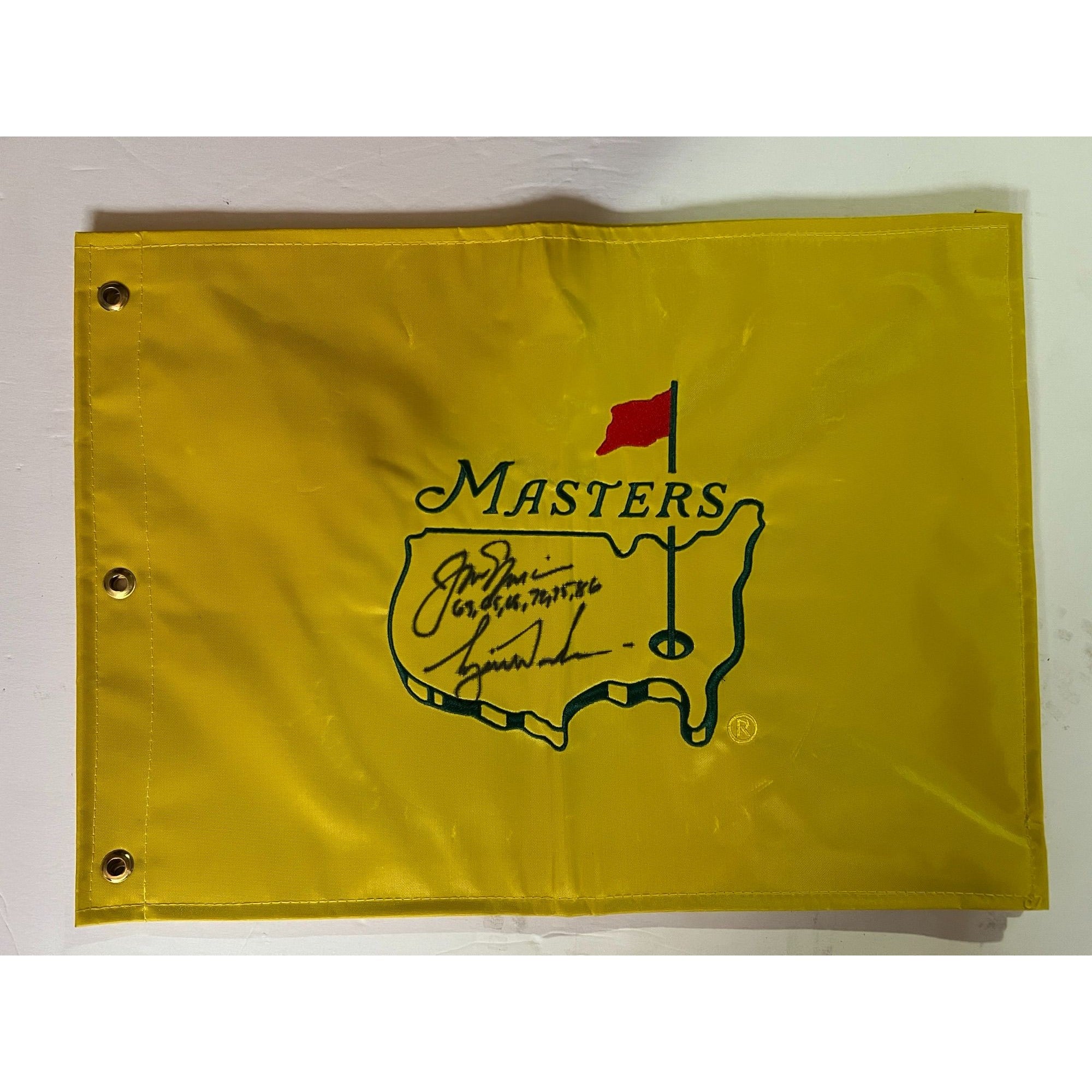 Jack Nicklaus and Tiger Woods Masters Golf pin flag signed with proof