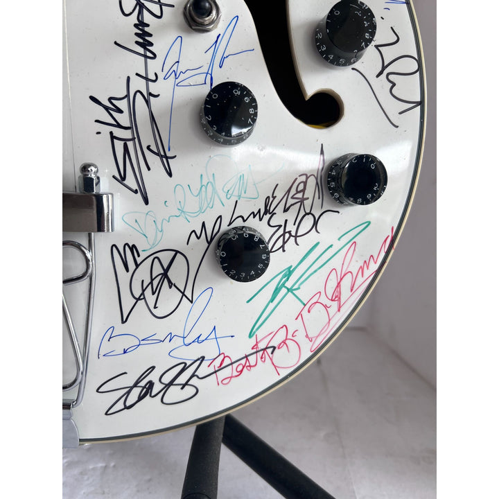 Rock and Roll icons Roger Waters, Eddie Van Halen, Bob Dylan, Robert Plant, Roonie Wood hollow body electric guitar signed with proof