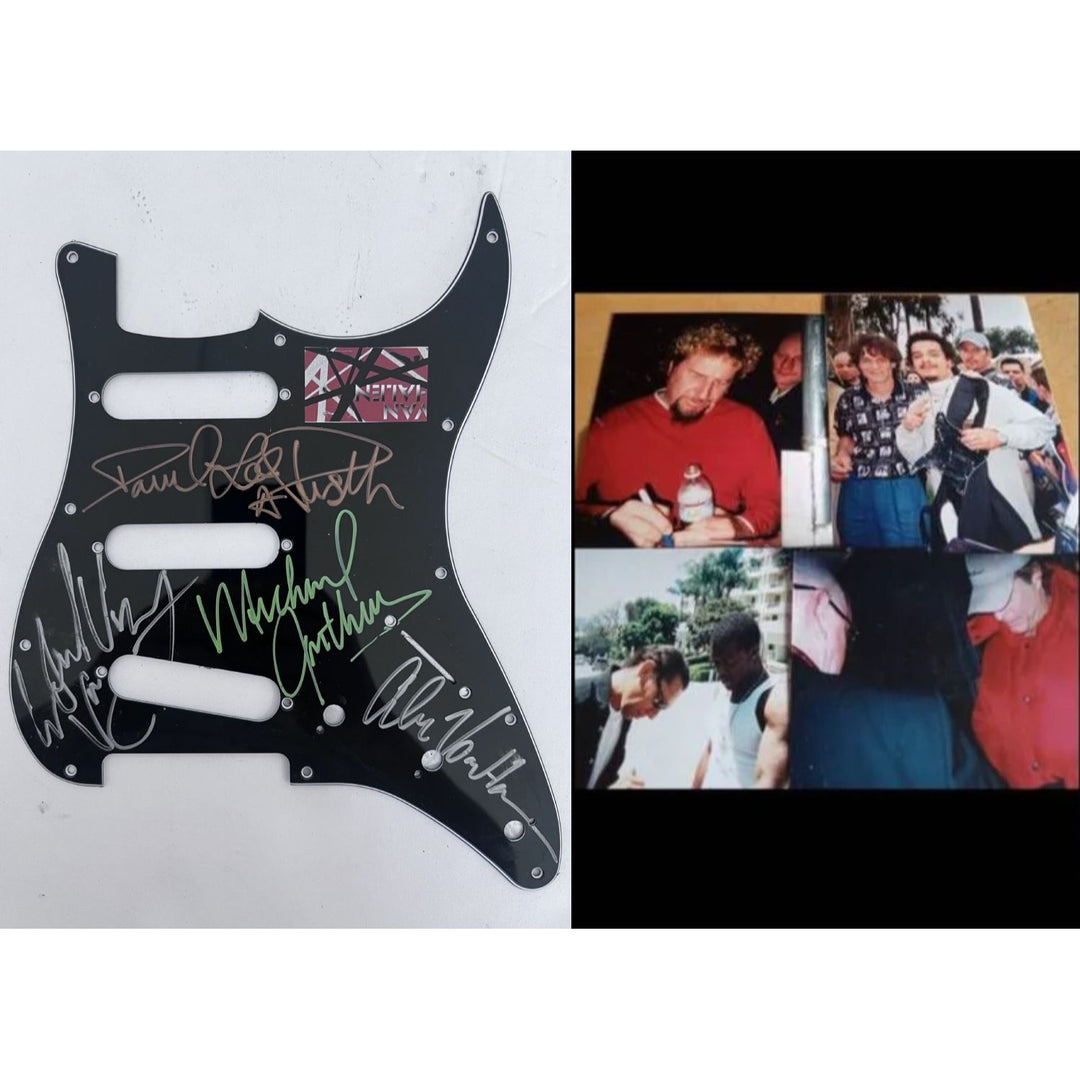 Alex Van Halen Eddie Van Halen David Lee Roth Sammy Hagar Michael Anthony Fender Stratocaster electric guitar pickguard signed with proof