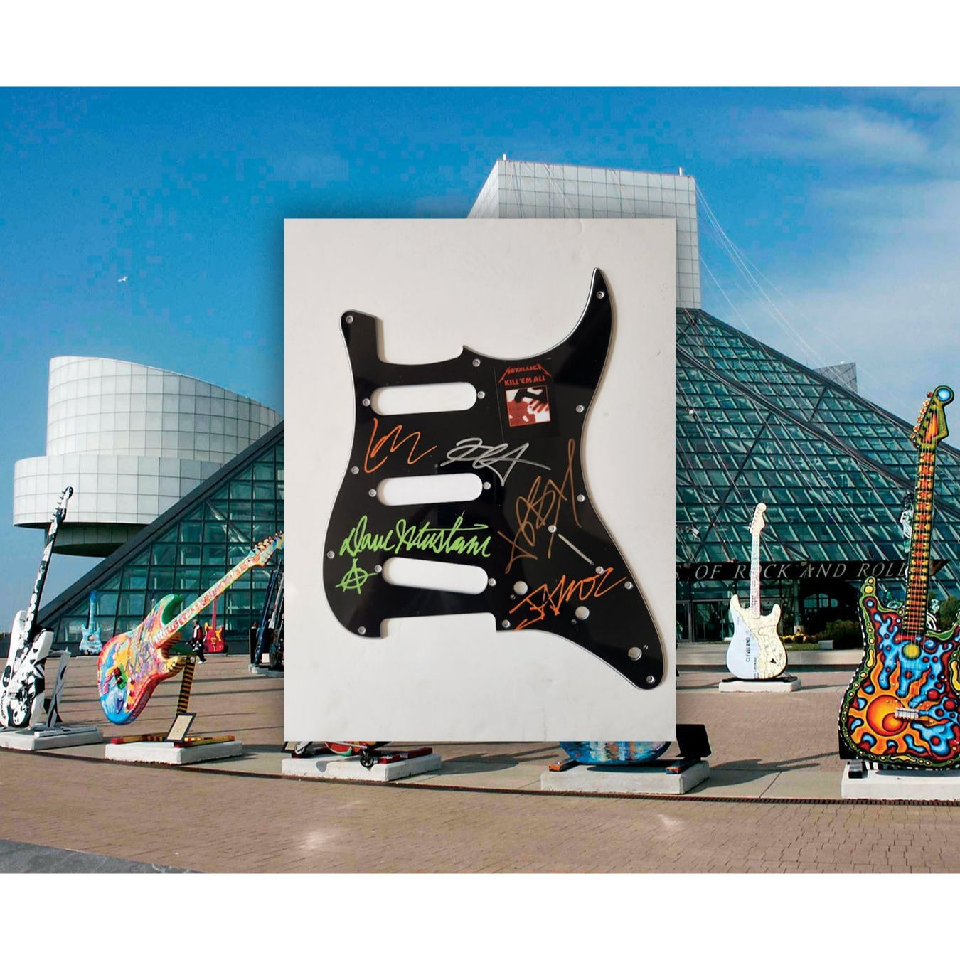 Metallica James Hetfield Kirk Hammett Jason Newsted Dave Mustaine Fender Stratocaster electric pickguard signed with proof