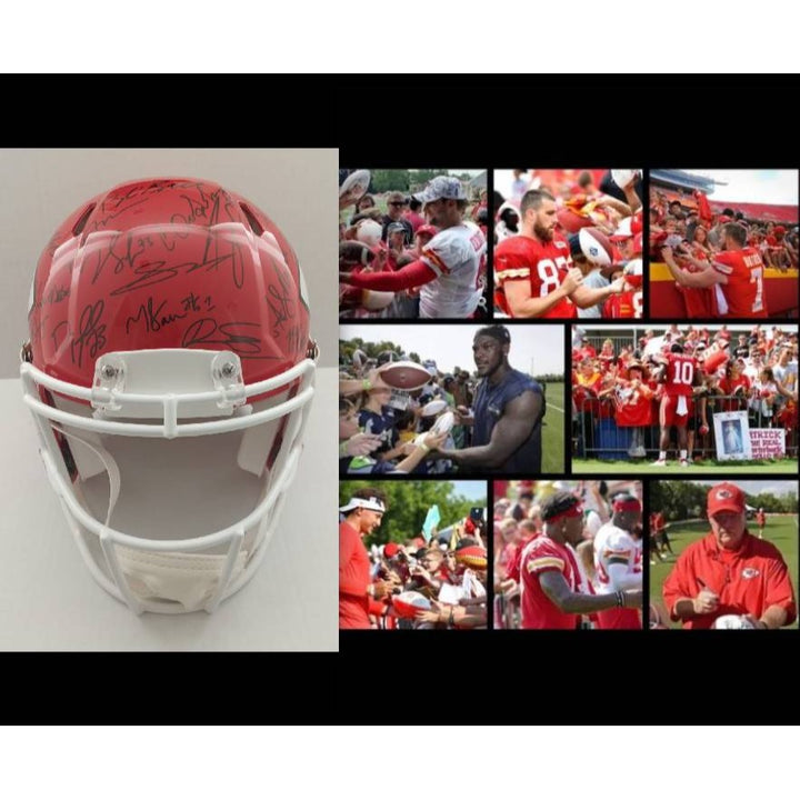 Kansas City Chiefs.Patrick Mahomes Travis Kelce Andy Reid 2023-24 Speed Riddell Authentic team helmet 40 sigs signed with proof