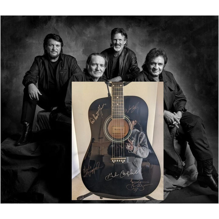 The Highwaymen Johnny Cash, Waylon Jennings, Willie Nelson and Kris Kristofferson full size acoustic guitar signed with proof
