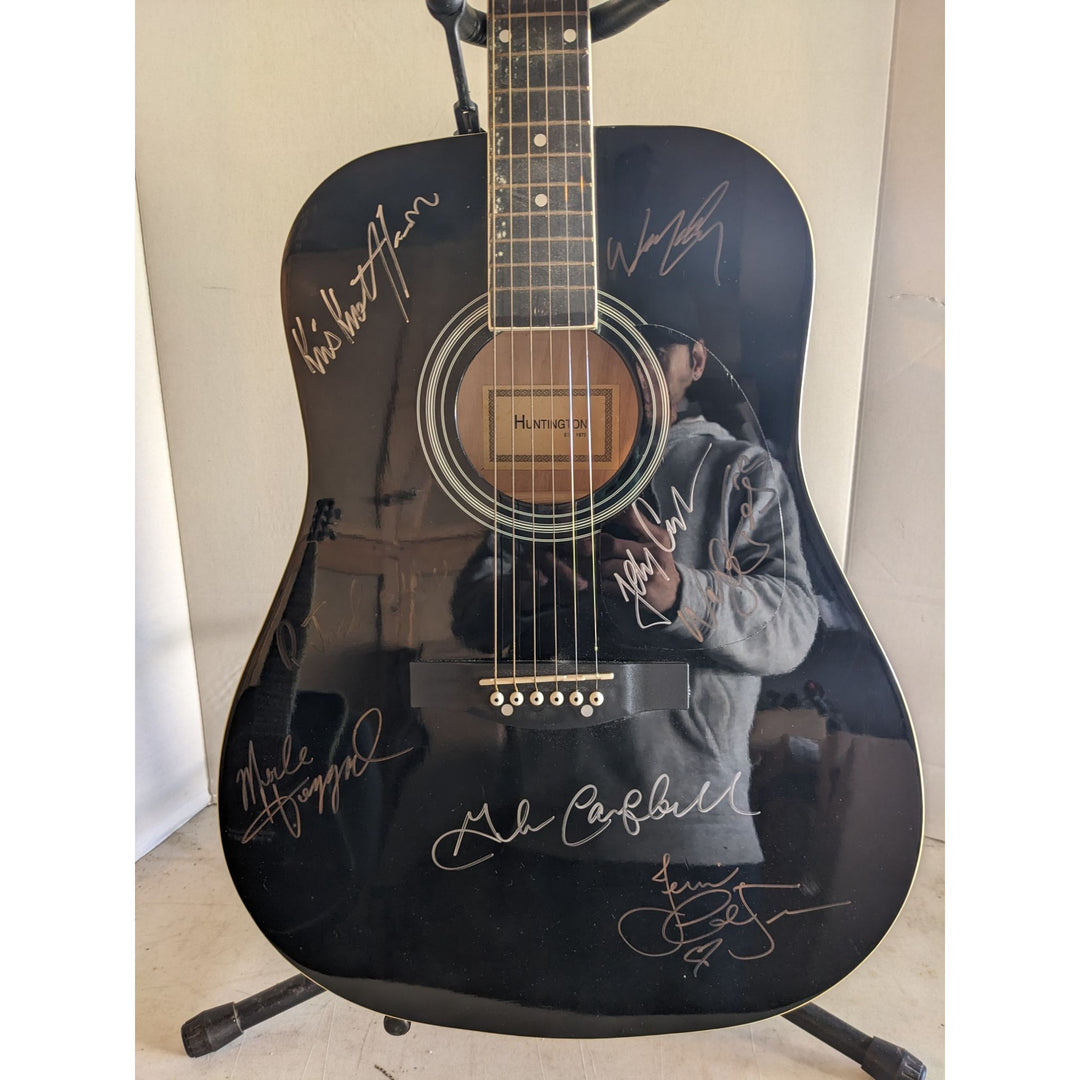 The Highwaymen Johnny Cash, Waylon Jennings, Willie Nelson and Kris Kristofferson full size acoustic guitar signed with proof