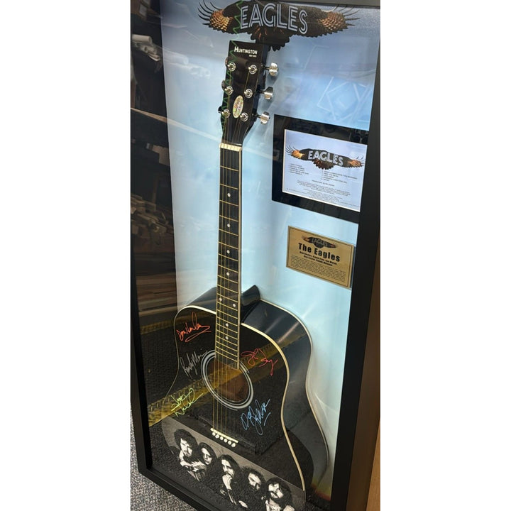 The Eagles Bernie Laden Joe Walsh Don Henley Glenn Frey Randy Meisner signed and framed full size acoustic guitar with proof