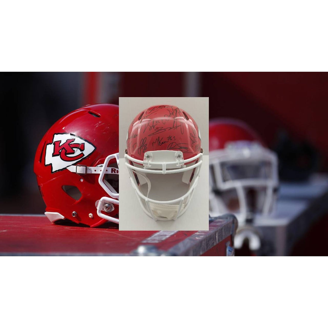 Kansas City Chiefs.Patrick Mahomes Travis Kelce Andy Reid 2023-24 Speed Riddell Authentic team helmet 40 sigs signed with proof