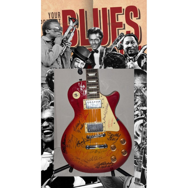 Blues legends Stevie Ray Vaughan, BB King, Chuck Berry, Muddy Watters, Jeff Beck les paul (cherry) electric guitar signed with proof