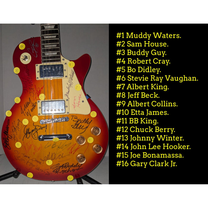 Blues legends Stevie Ray Vaughan, BB King, Chuck Berry, Muddy Watters, Jeff Beck les paul (cherry) electric guitar signed with proof