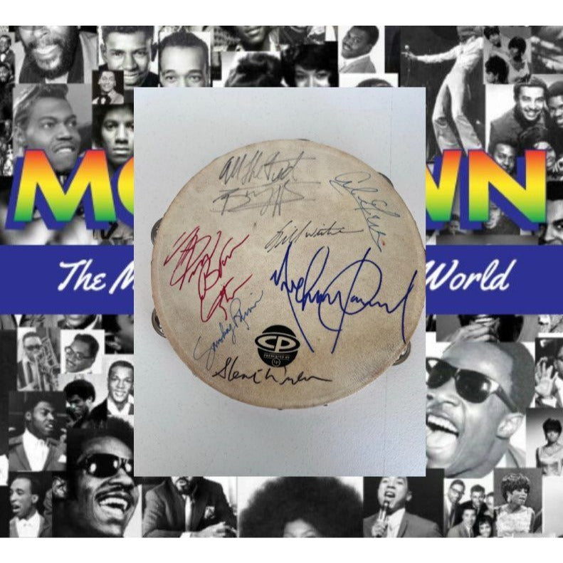 Motown Legends tambourine Michael Jackson, Stevie Wonder, Al Green, Barry White, James Brown , Smokey Robinson, Bill Withers, signed.