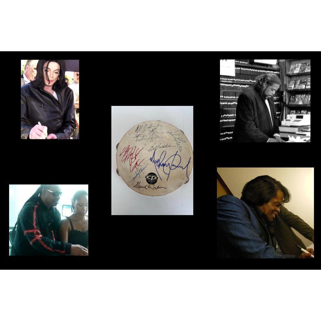 Motown Legends tambourine Michael Jackson, Stevie Wonder, Al Green, Barry White, James Brown , Smokey Robinson, Bill Withers, signed.