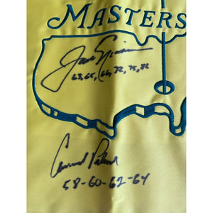 Jack Nicklaus Arnold Palmer signed and inscribed with their masters championships Masters embroidered pin flag with signing proof