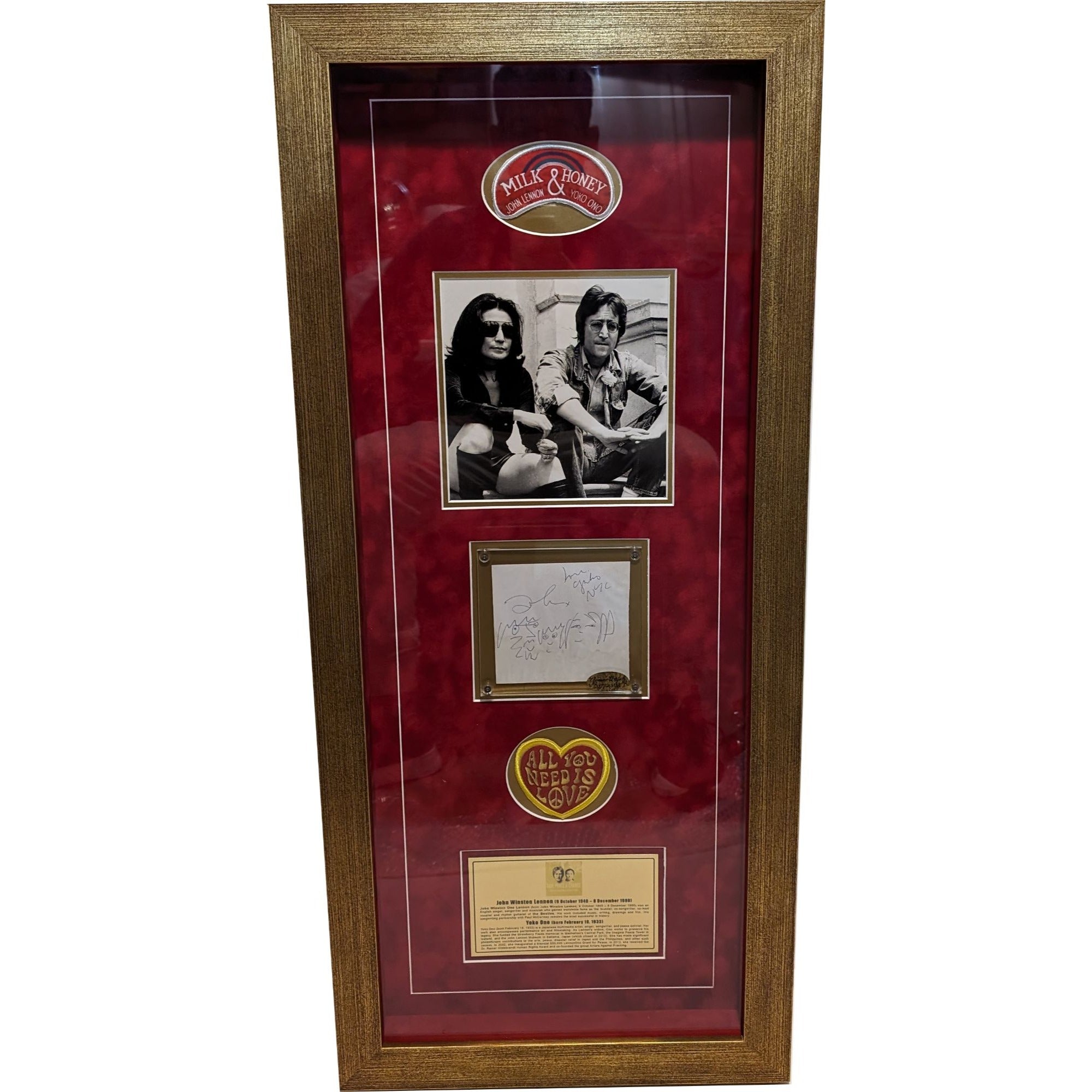 John Lennon & Yoko Ono autograph page book signed and framed 37.5 x 16.5 with personal sketch