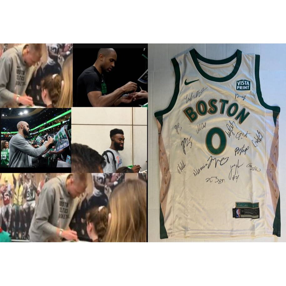 Boston Celtics 2023-24 Jayson Tatum Jrue Holiday Jaylen Brown Kristaps Porzingis complete team nike jersey signed with proof