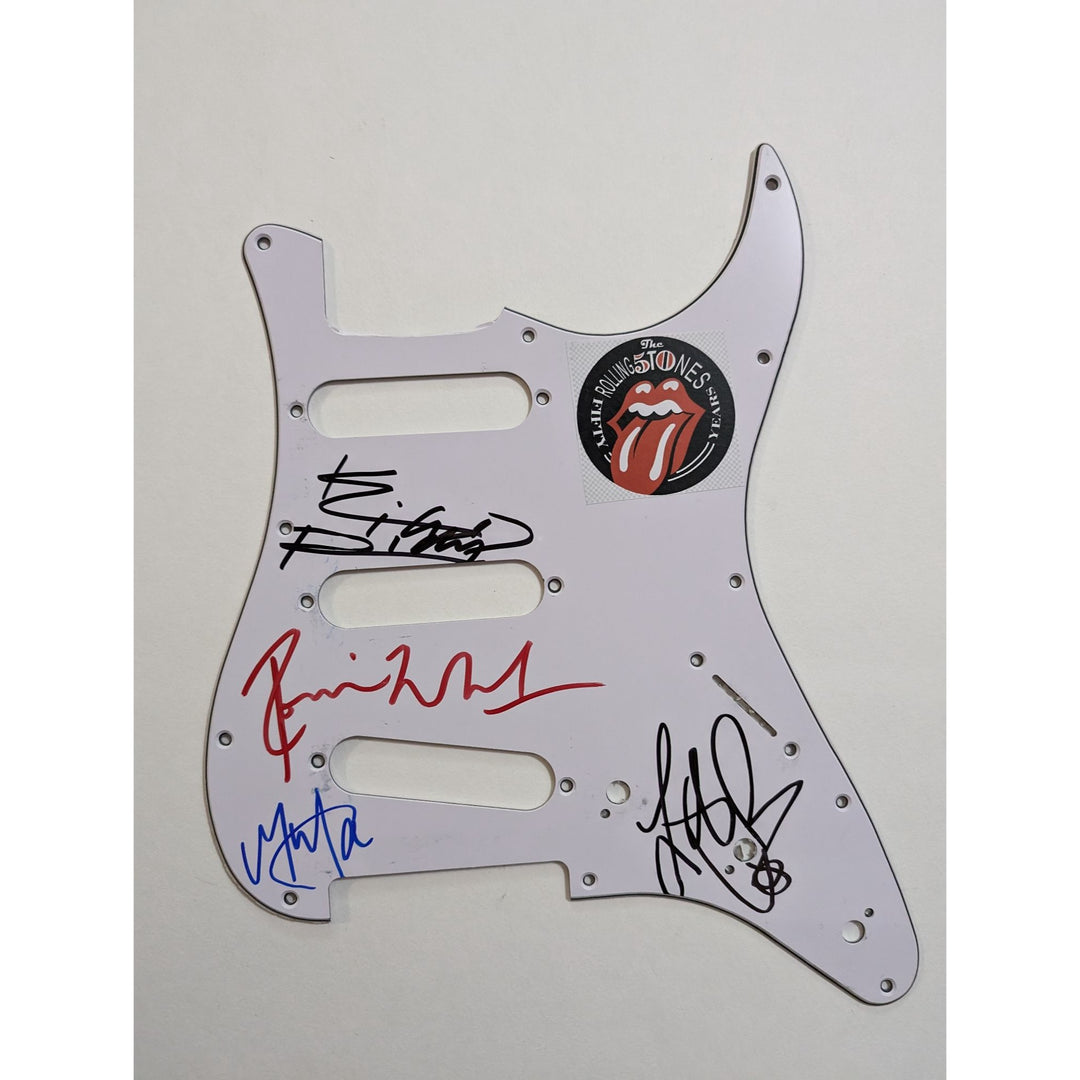 Mick Jagger Keith Richards Ronnie Wood Charlie Watts Fender Stratocaster Electric guitar pickguard signed with proof