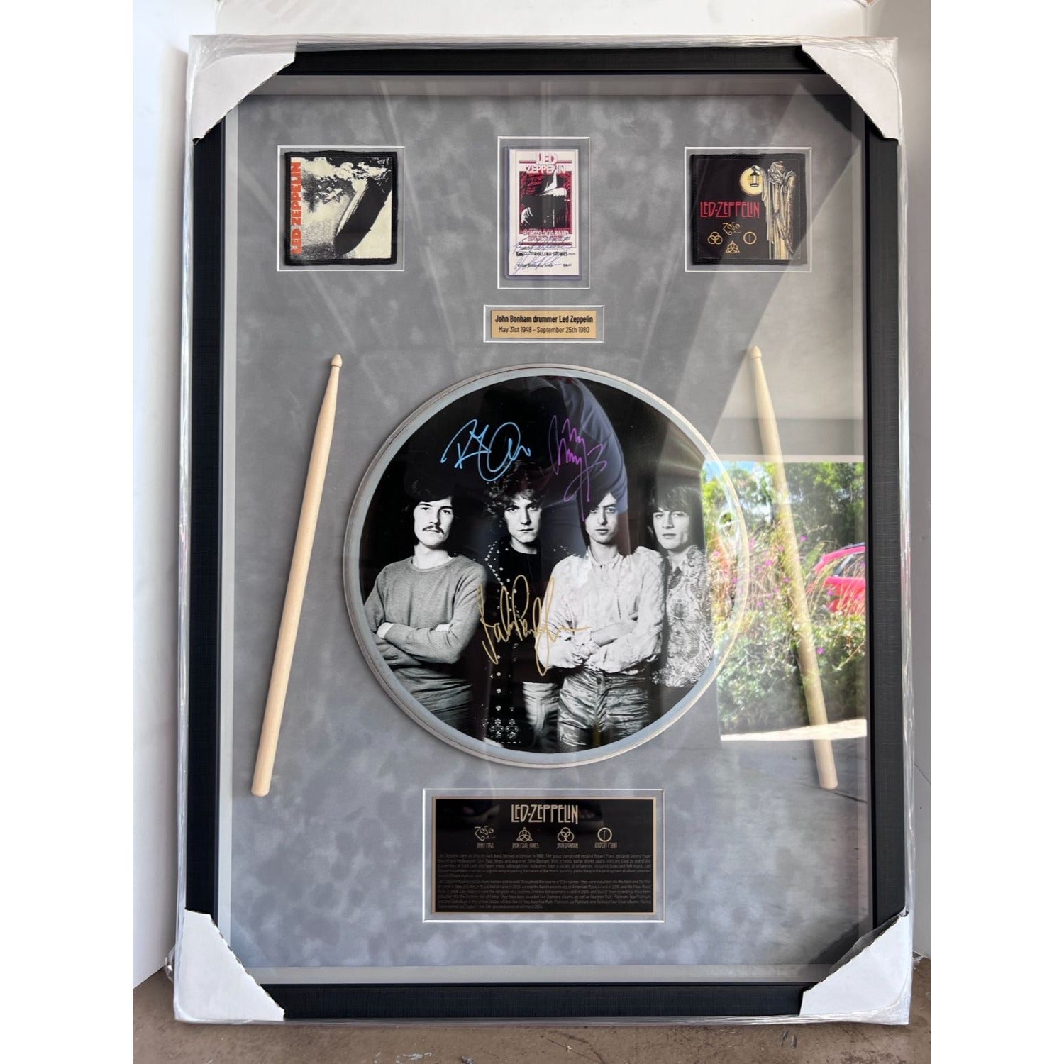 Led Zeppelin John Bonham, Jimmy Page, Robert Plant, John Paul Jones signed and framed 33x24