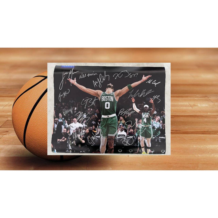 Boston Celtics 2023-24 Jayson Tatum Jrue Holiday Jaylen Brown Kristaps Porzingis complete team 16x20 photo signed with proof