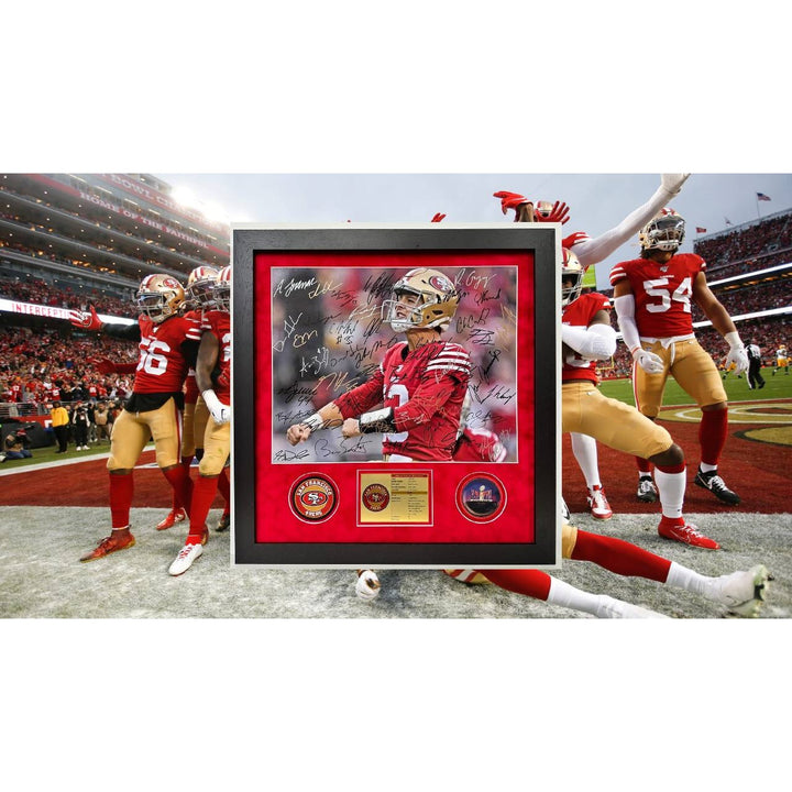 San Francisco 49ers2023 24 Deebo Samuel, Brock Purdy Christian McCaffrey 16x20 photo 40 plus signs team signed and framed (25x27) whit proof