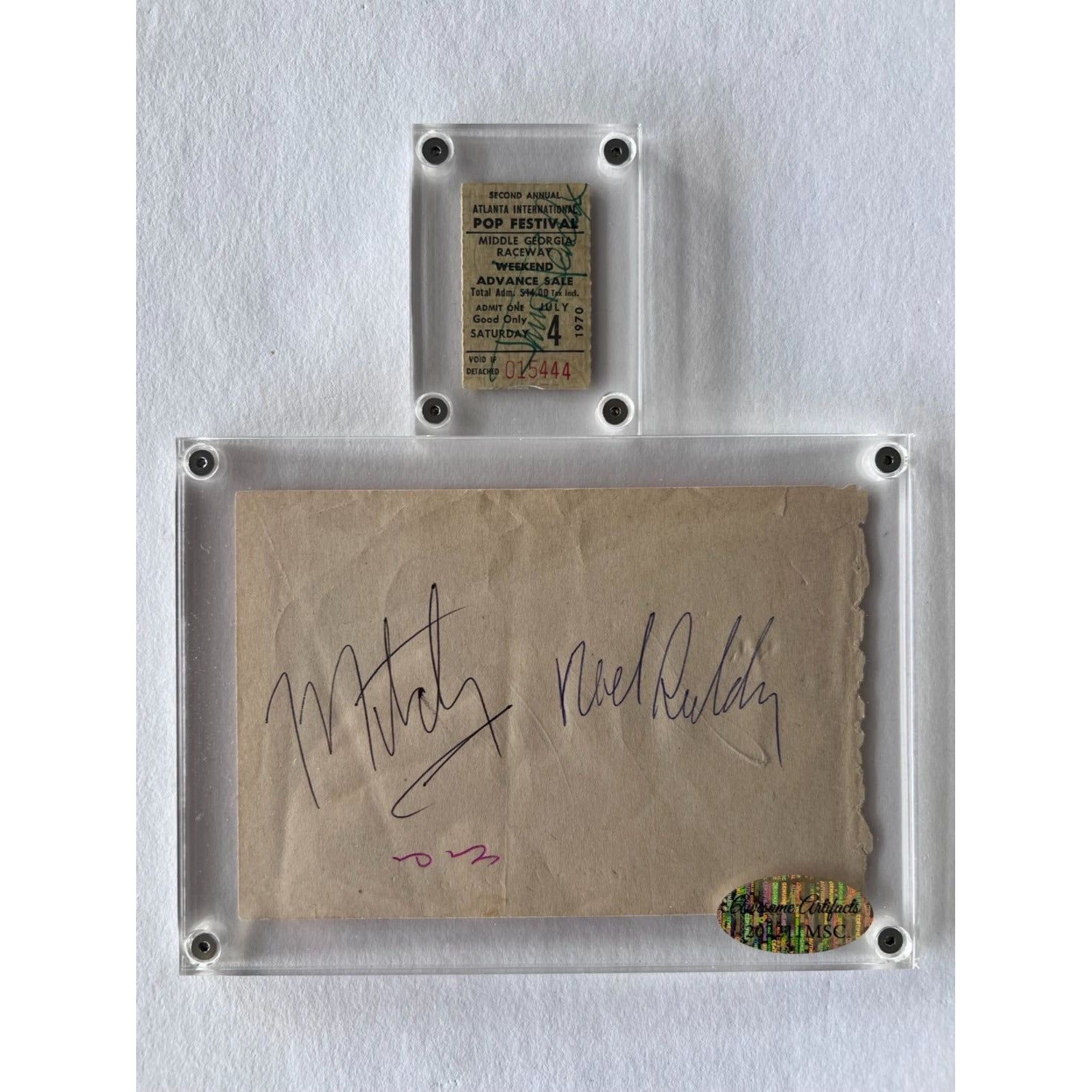 Jimi Hendrix, drummer Mitch Mitchell, and bassist Noel Redding signed autograph book and concert ticket with proof