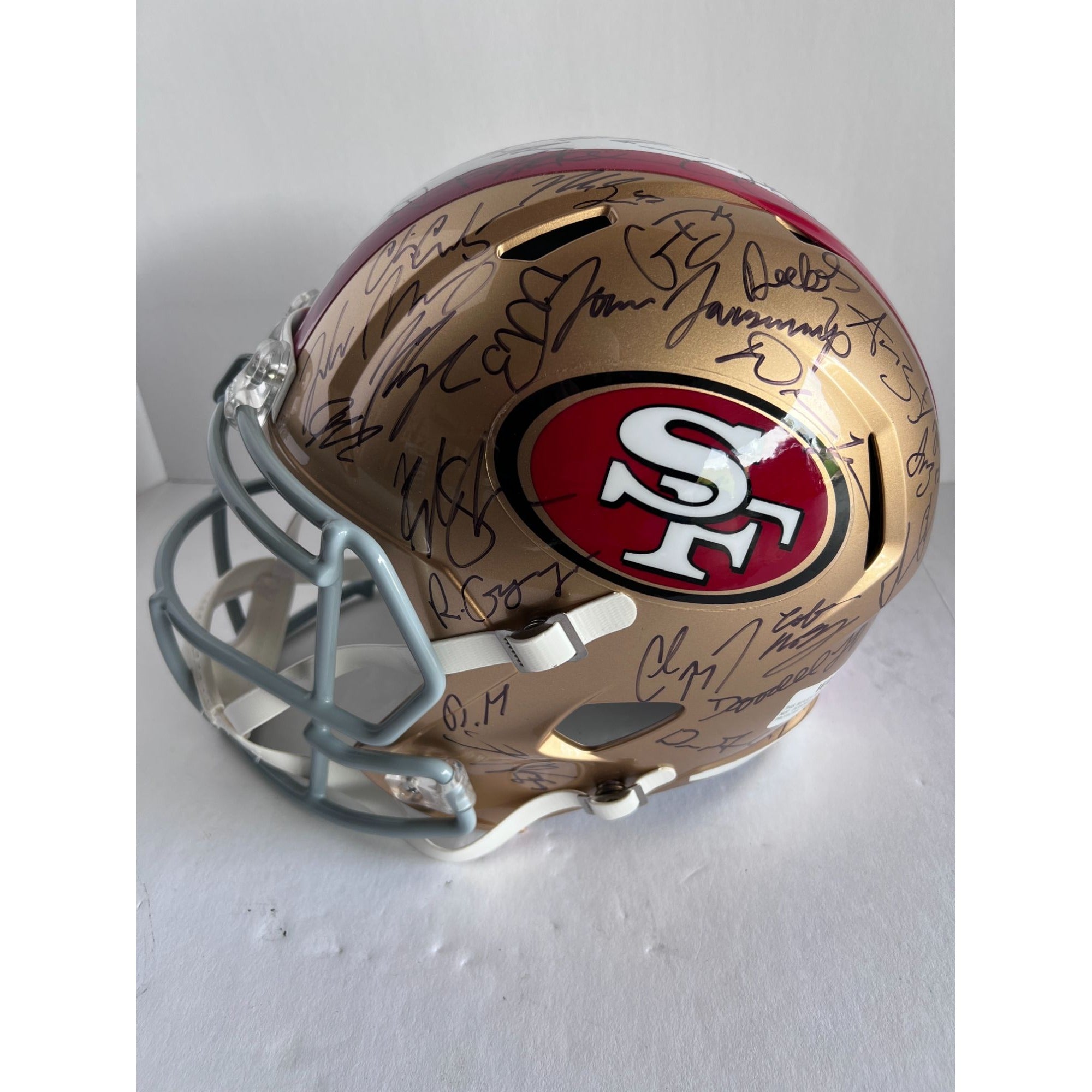 San Francisco 49ers 2023 24 Deebo Samuel, Brock Purdy Christian McCaffrey full size replica helmet team signed whit proof