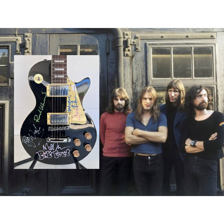 Pink Floyd Roger Waters David Gilmour Richard Wright Nick Mason vintage black les paul electric guitar signed with proof.