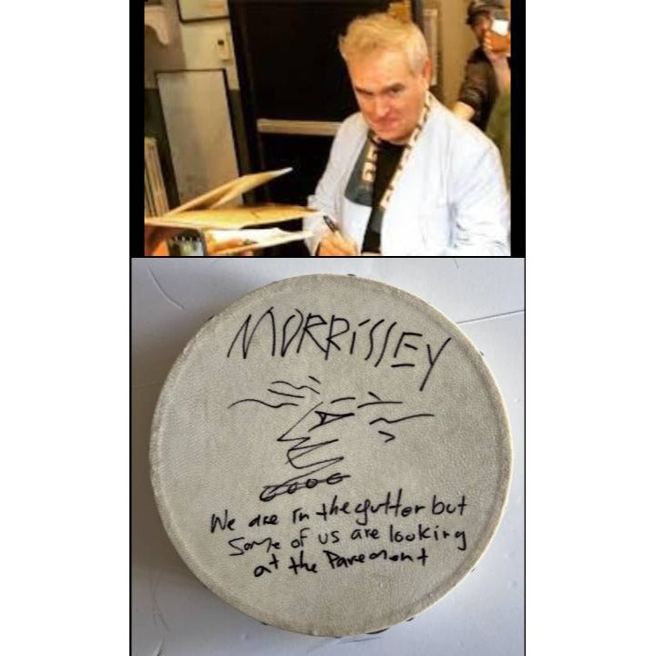 Morrissey lead singer of the Smiths tambourine signed and inscribed with proof