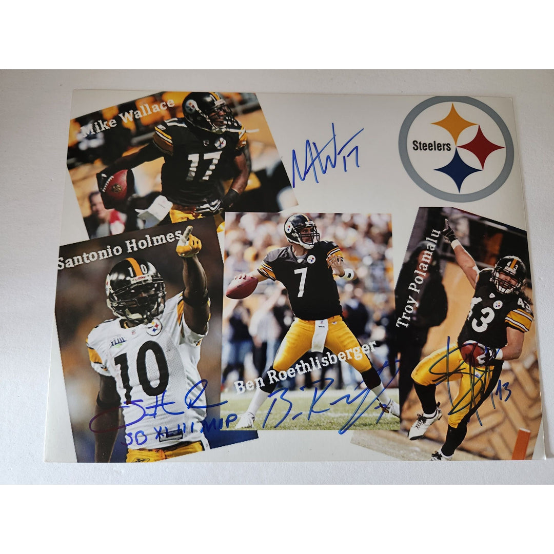 Ben Roethlisberger Troy Polamalu Mike Wallace Santonio holmes 8x10 photo signed