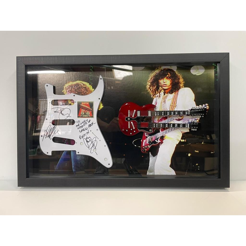 Led Zeppelin Robert Plant Jimmy Page John Paul Jones electric guitar pickguard signed and framed 15'x21"with proof